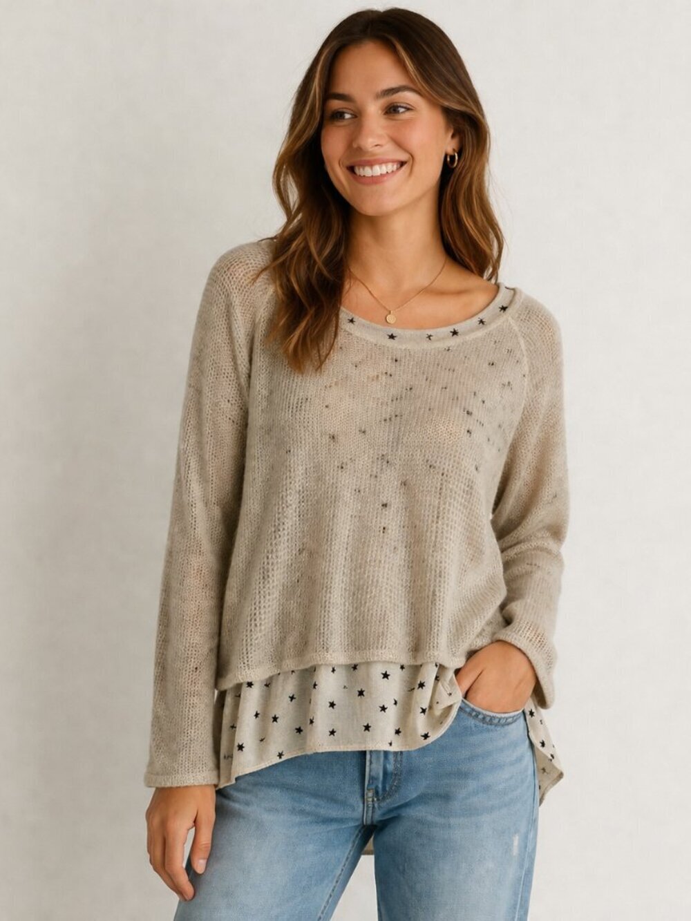 Sweater Tunic Top Layered Star Oversized Mohair Lightweight Sheer Knit XS